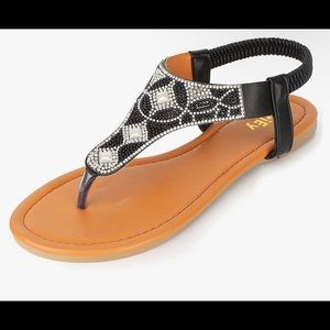 Blk Women's T-Strap Elastic Sandals Open Toe Rhinestone Thong Flat Shoes sz 8.5